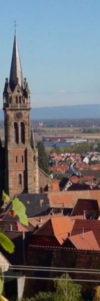 vue sur dambach la ville et une grande église entourée de maisons
